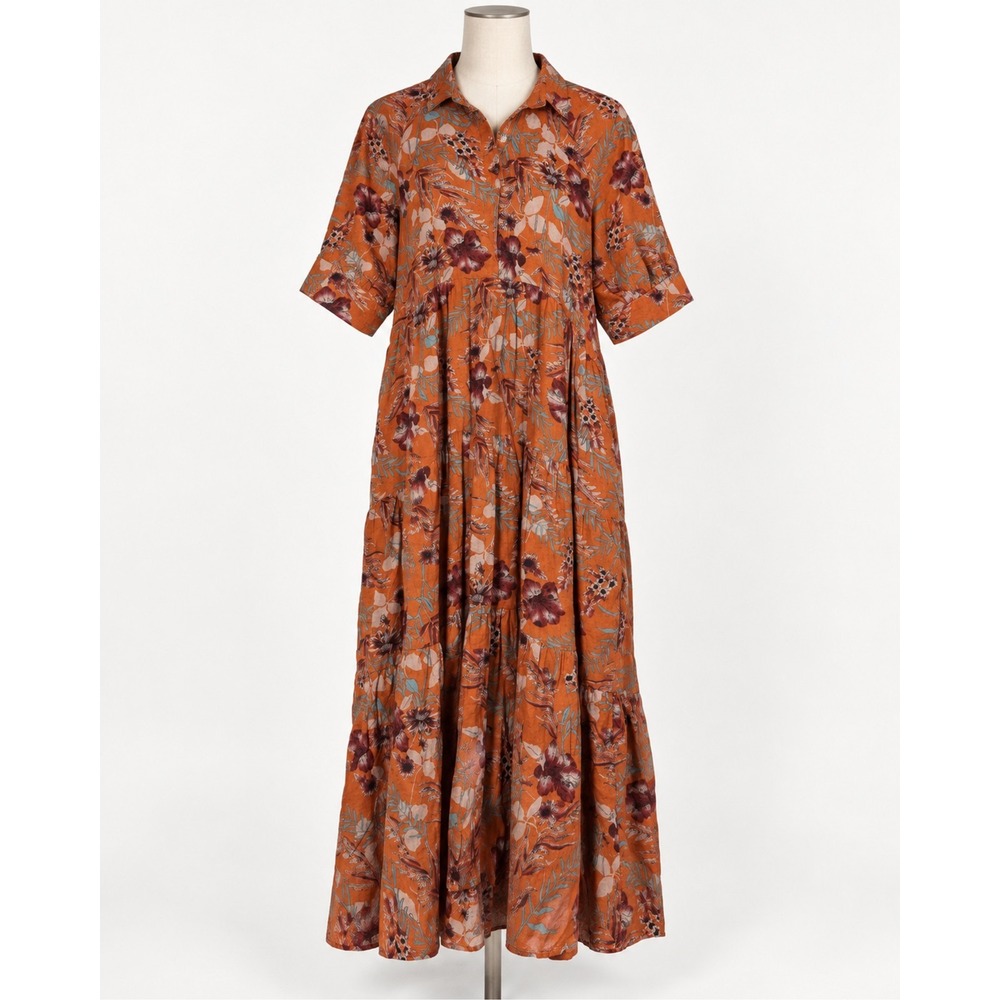 Natural Life Floral Tiered Dress Womens Rust Orange Boho Earthy Granola Folk L